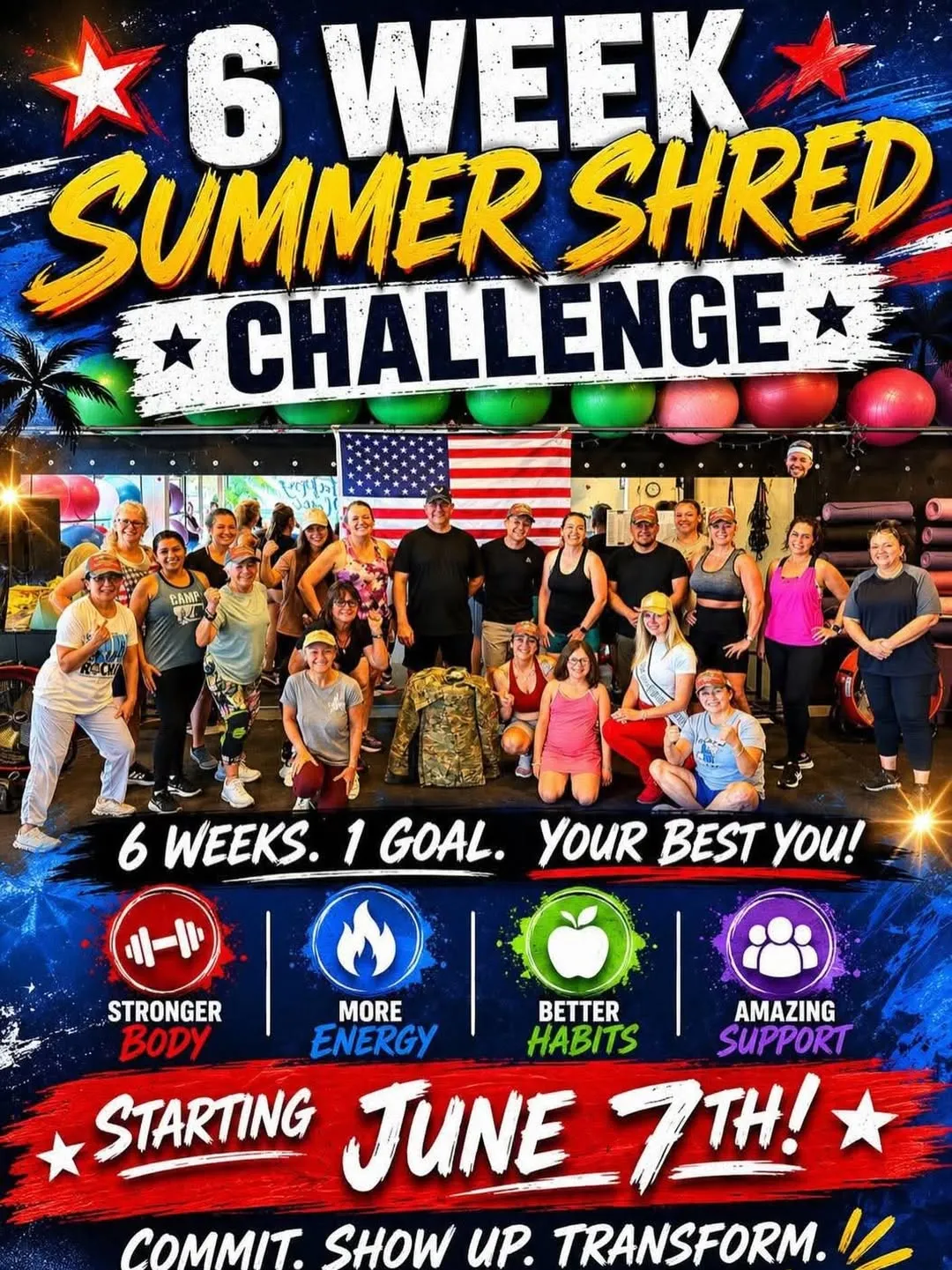 Poster for the 6 Week Summer Shred Challenge, with a group of members posing in the gym