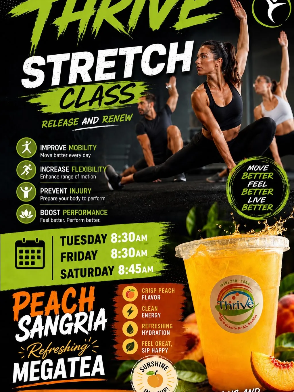 Poster for the Thrive stretch class, with members stretching in a studio