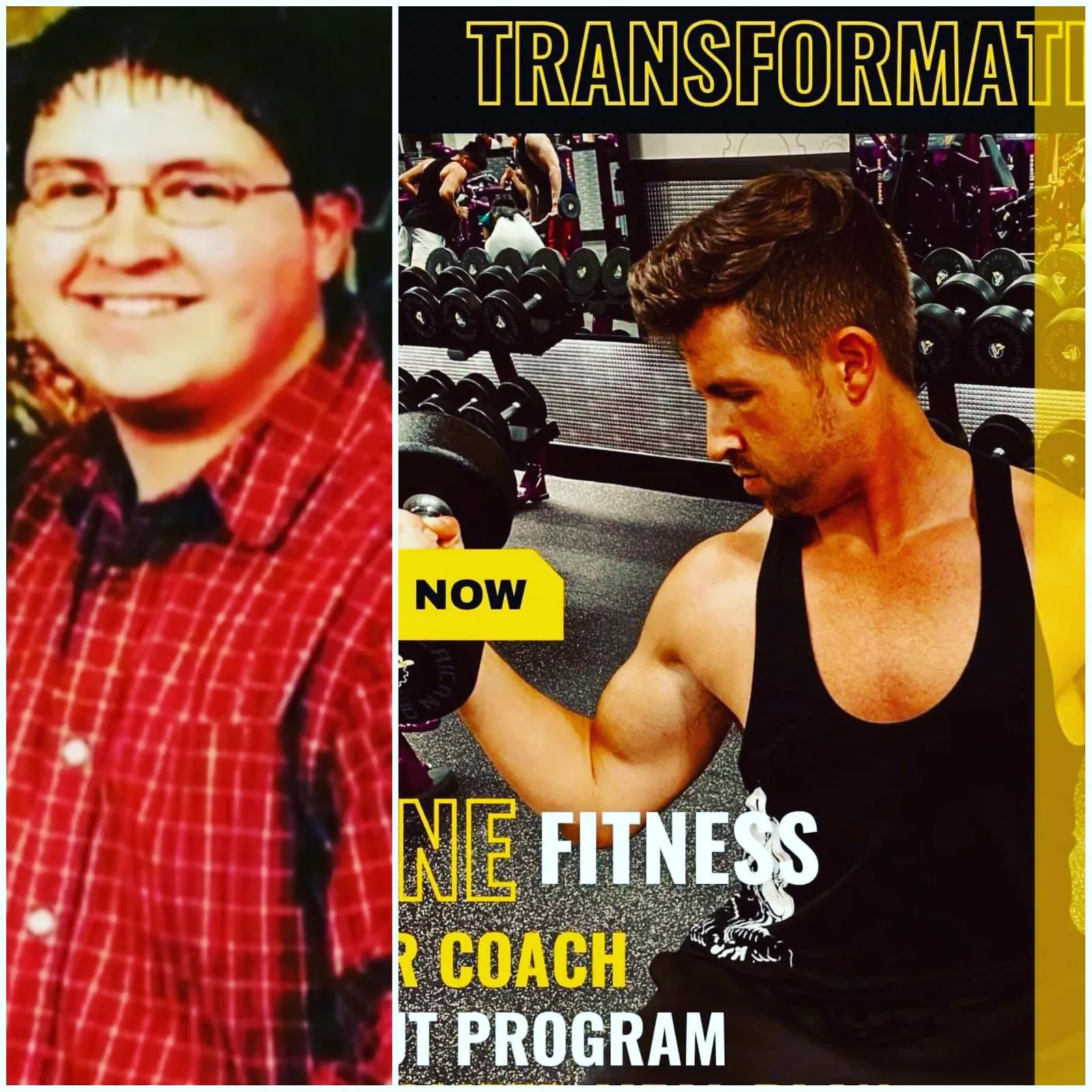 Before-and-after transformation of a client: heavier in a plaid shirt, then lean and lifting dumbbells in the gym